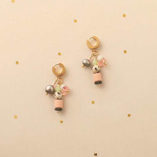 Handcrafted Leopardite & Black Pearl Huggie Hoops