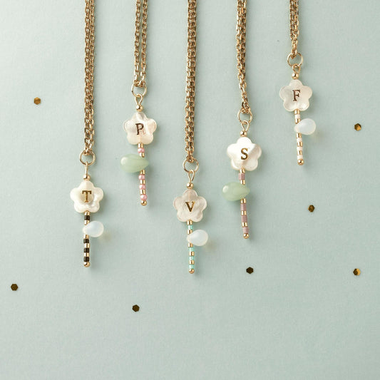 Custom Mother of Pearl Floral Initial Necklace