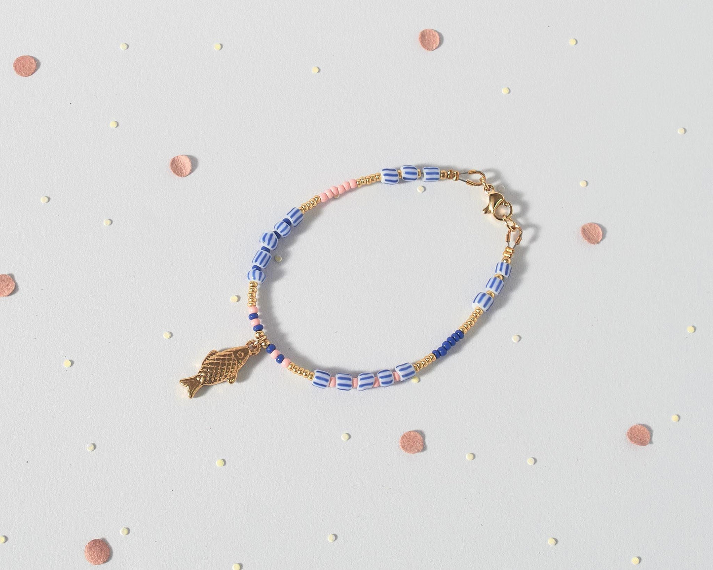 Tiny Fish Charm Bracelet, Dainty White and Blue Beaded Jewelry