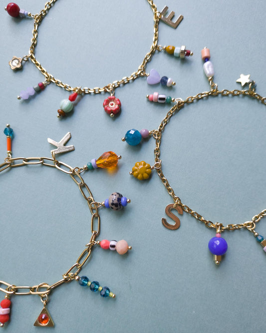 Personalized Charm Bracelet: Czech Glass Beads, Gold Plated Stainless Steel