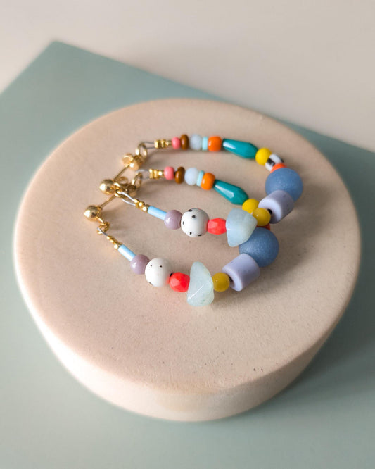 Flexible Beaded Hoop Earrings with Dyed Agate & Quartz - Colorful Crystal Jewelry - Boho Czech Glass Bead Hoops - Vibrant Gemstone Hoops