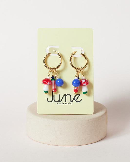 Handmade Mushroom Hoop Earrings – 18k Gold Plated, Czech Glass Beads, Boho Style - JUNEJewelsStudio