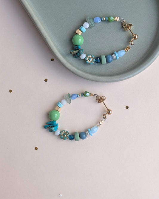 Beaded Hoop Earrings: Natural Stones ,Gold Plated, turquoise, Jadeite & Czech Glass Beads - JUNEJewelsStudio