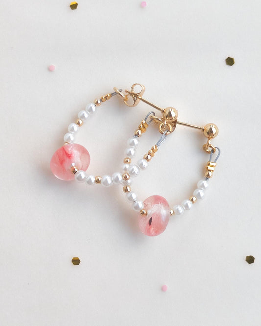 Dainty Beaded Hoop Earrings: Gold Plated, Pearl & Rose Quartz - JUNEJewelsStudio