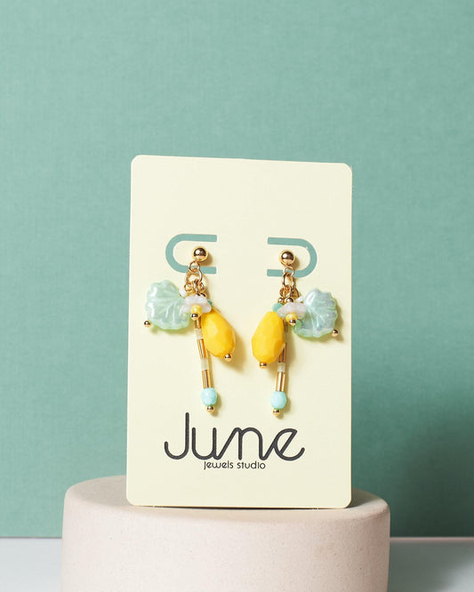 Lemon drop earrings | Czech Glass floral hoop earrings | 18k gold Plated earrings | fruit garden earrings | Gift for her - JUNEJewelsStudio