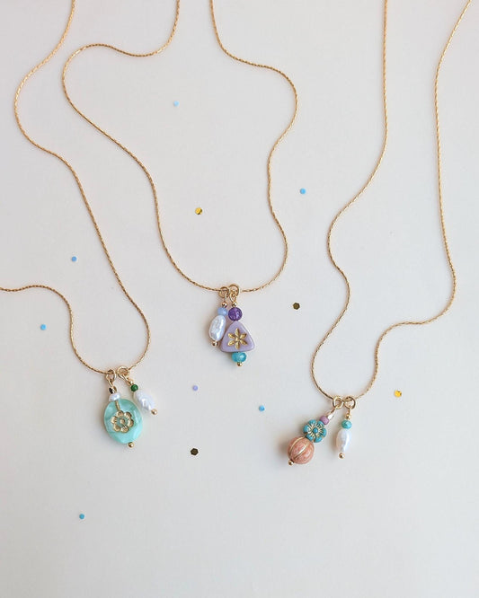 Pastel Trio Necklace Collection • Choose Your Favorite: Mint, Lavender or Rose • Dainty Flower & Keishi Pearl Jewelry • Gold Snake Chain Set - JUNEJewelsStudio