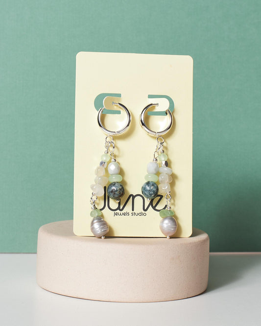 Sage Green & Silver Huggie Hoop Earrings • Natural Sesame Jasper and Grey Pearl Charms • 316 Surgical Steel Jewelry • Boho 60mm Long Drops - JUNEJewelsStudio