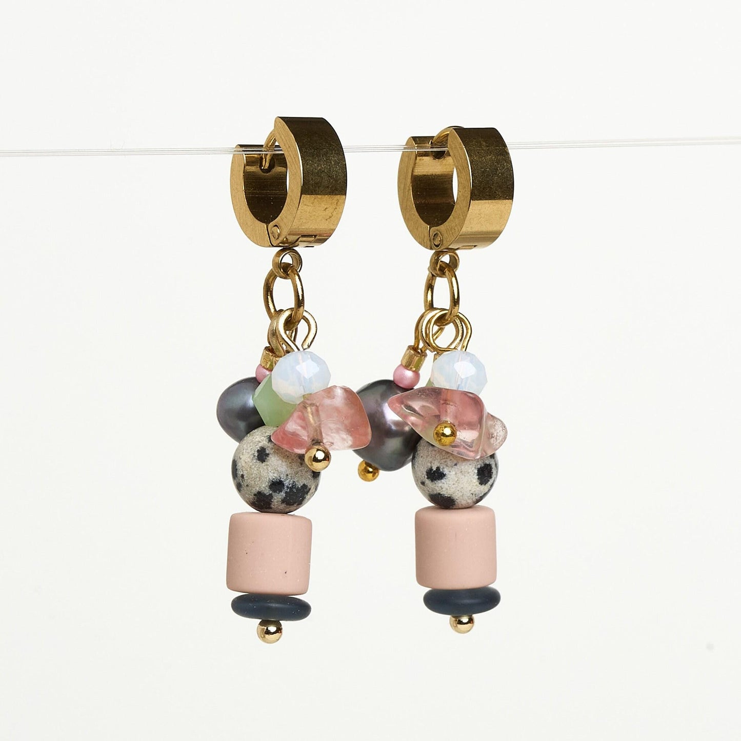 Handcrafted Leopardite & Black Pearl Huggie Hoops