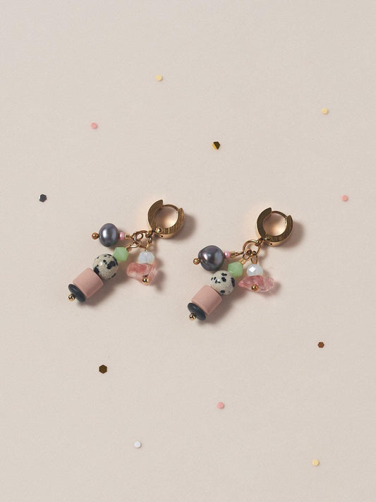 Handcrafted Leopardite & Black Pearl Huggie Hoops