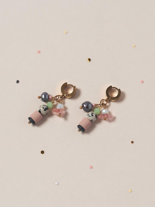 Handcrafted Leopardite & Black Pearl Huggie Hoops