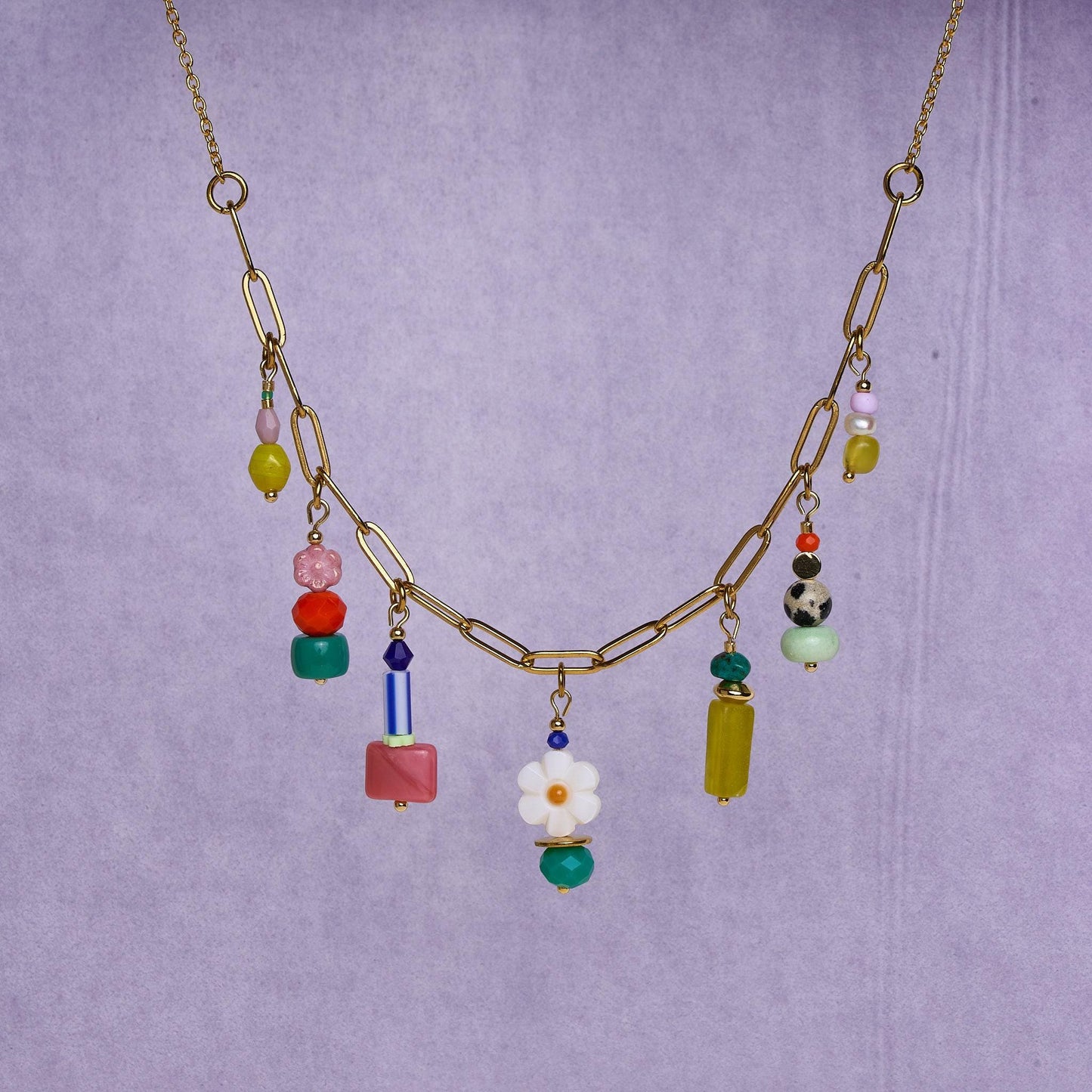 Colorful Multi-Gemstone Charm Necklace