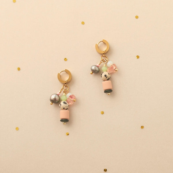 Handcrafted Leopardite & Black Pearl Huggie Hoops