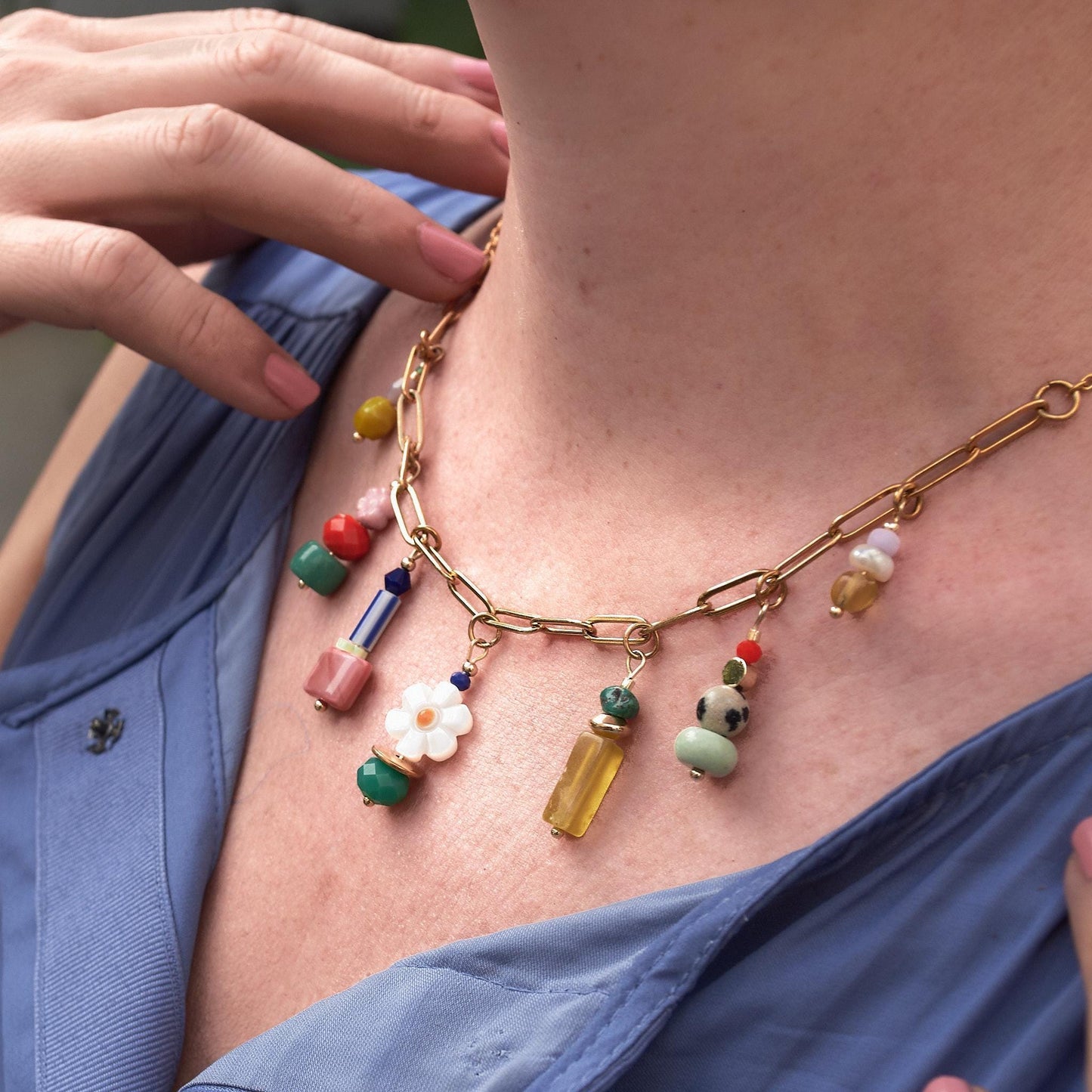 Colorful Multi-Gemstone Charm Necklace