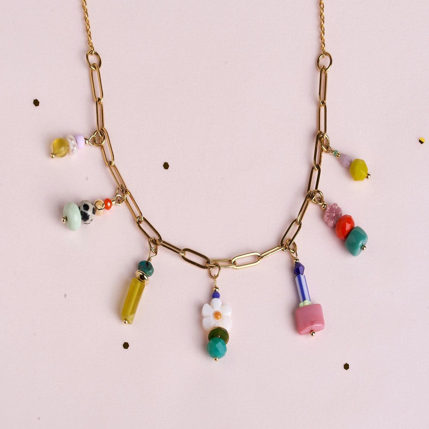 Colorful Multi-Gemstone Charm Necklace
