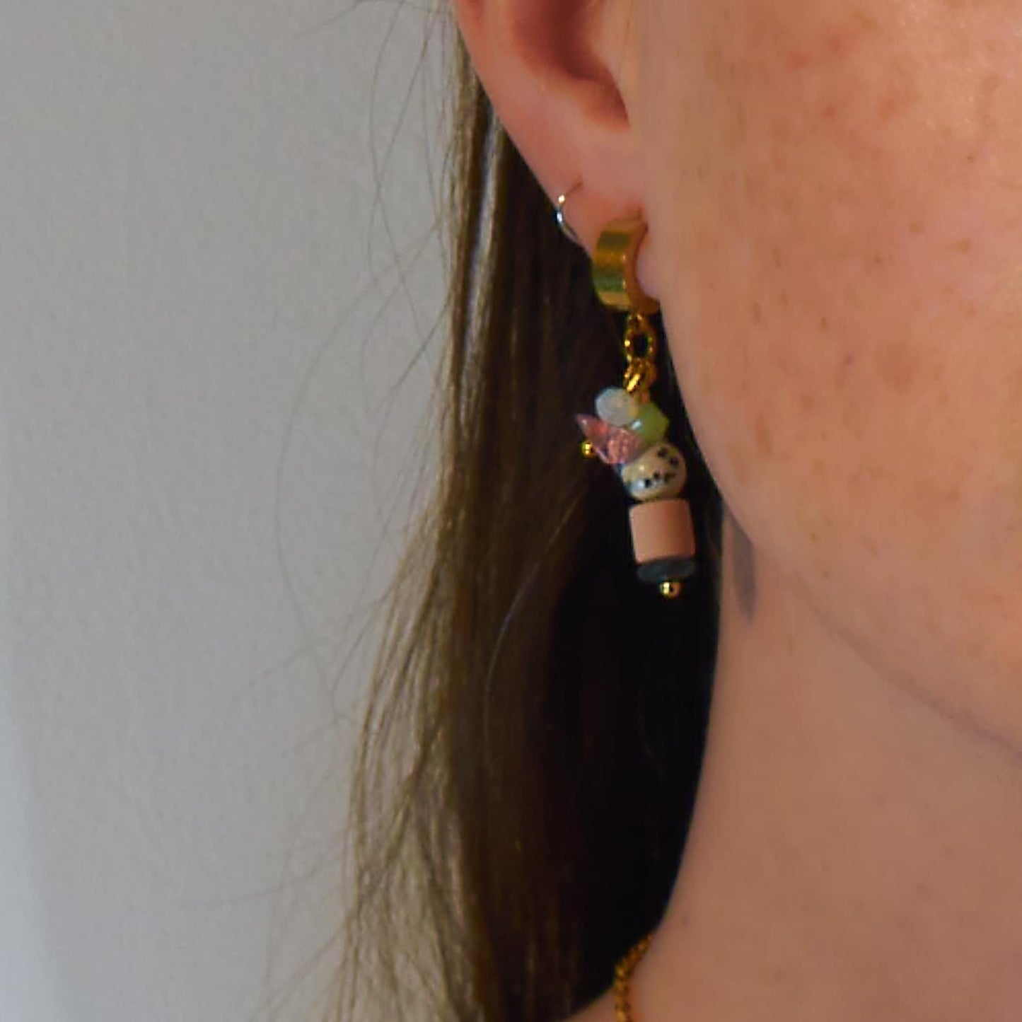 Handcrafted Leopardite & Black Pearl Huggie Hoops