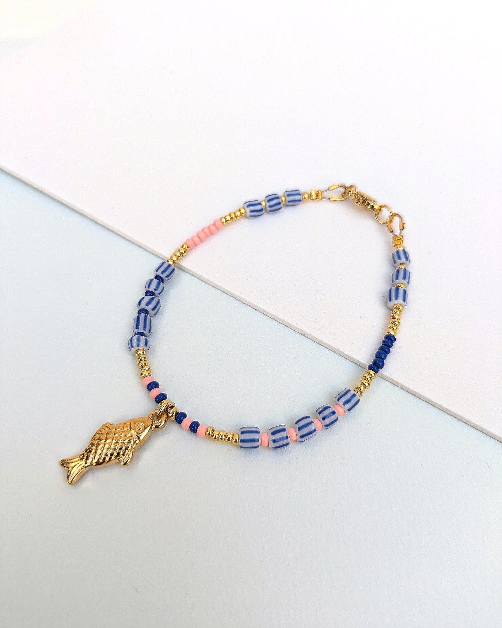 Tiny Fish Charm Bracelet, Dainty White and Blue Beaded Jewelry