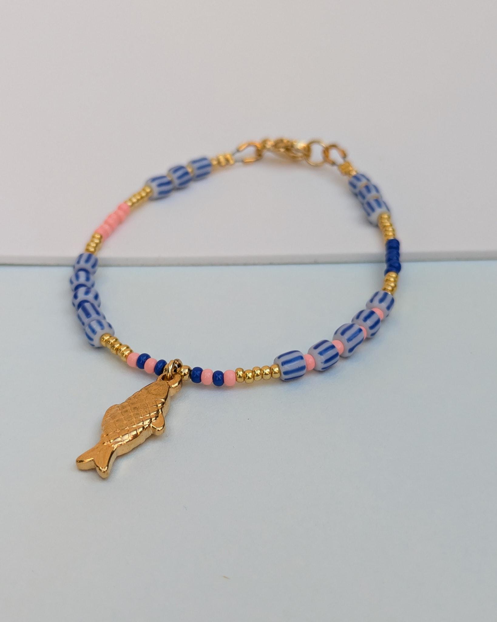 Tiny Fish Charm Bracelet, Dainty White and Blue Beaded Jewelry