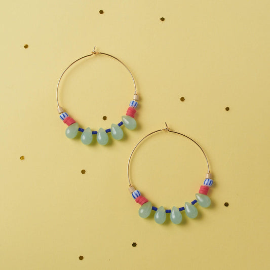 Gold Plated Hoop Earrings: Aquamarine Czech Glass Beads