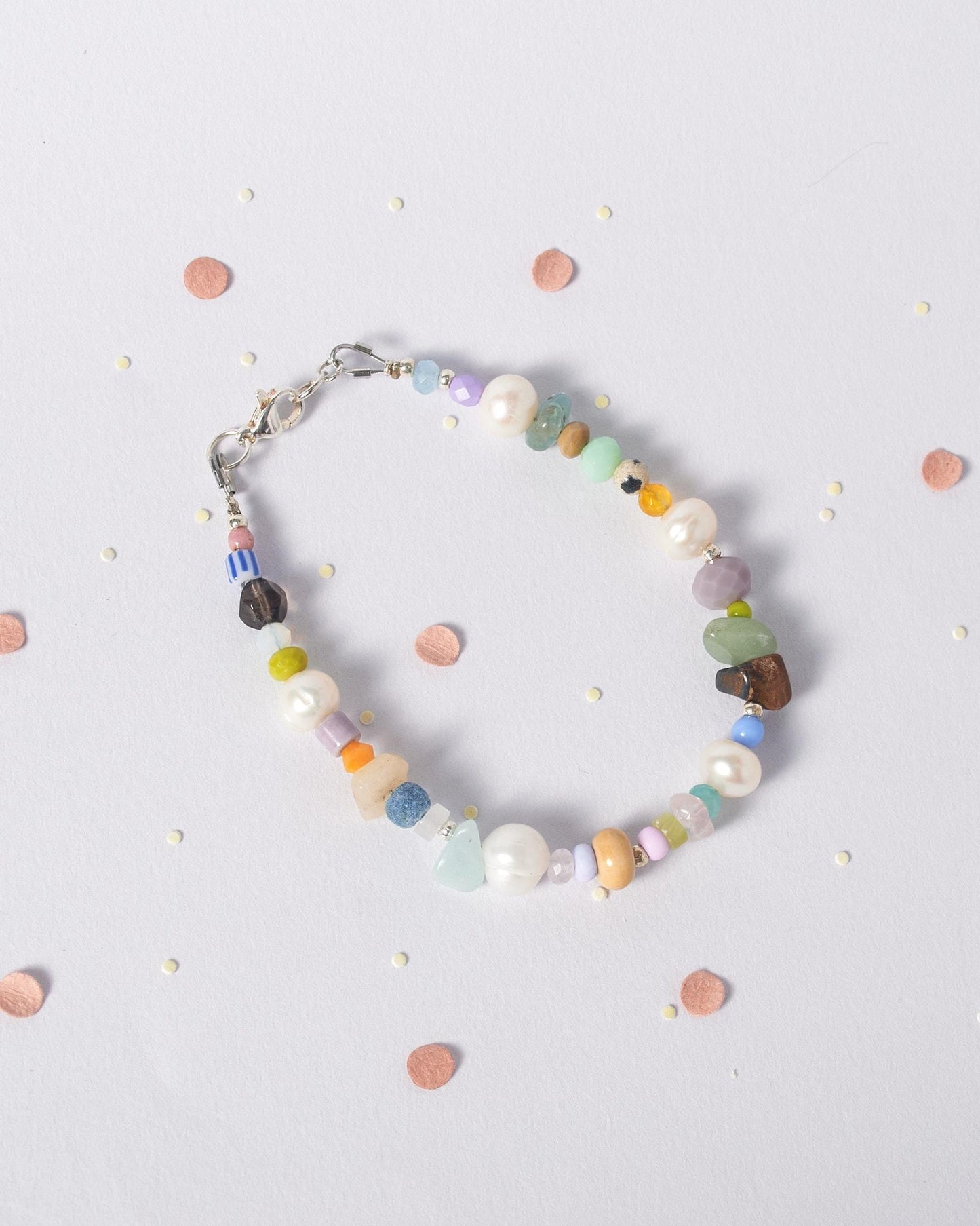 Pearl beaded Bracelet, unique jewelry Bracelet with Natural Gemstones and beads, friendship Bracelet gift Idea, Silver plated