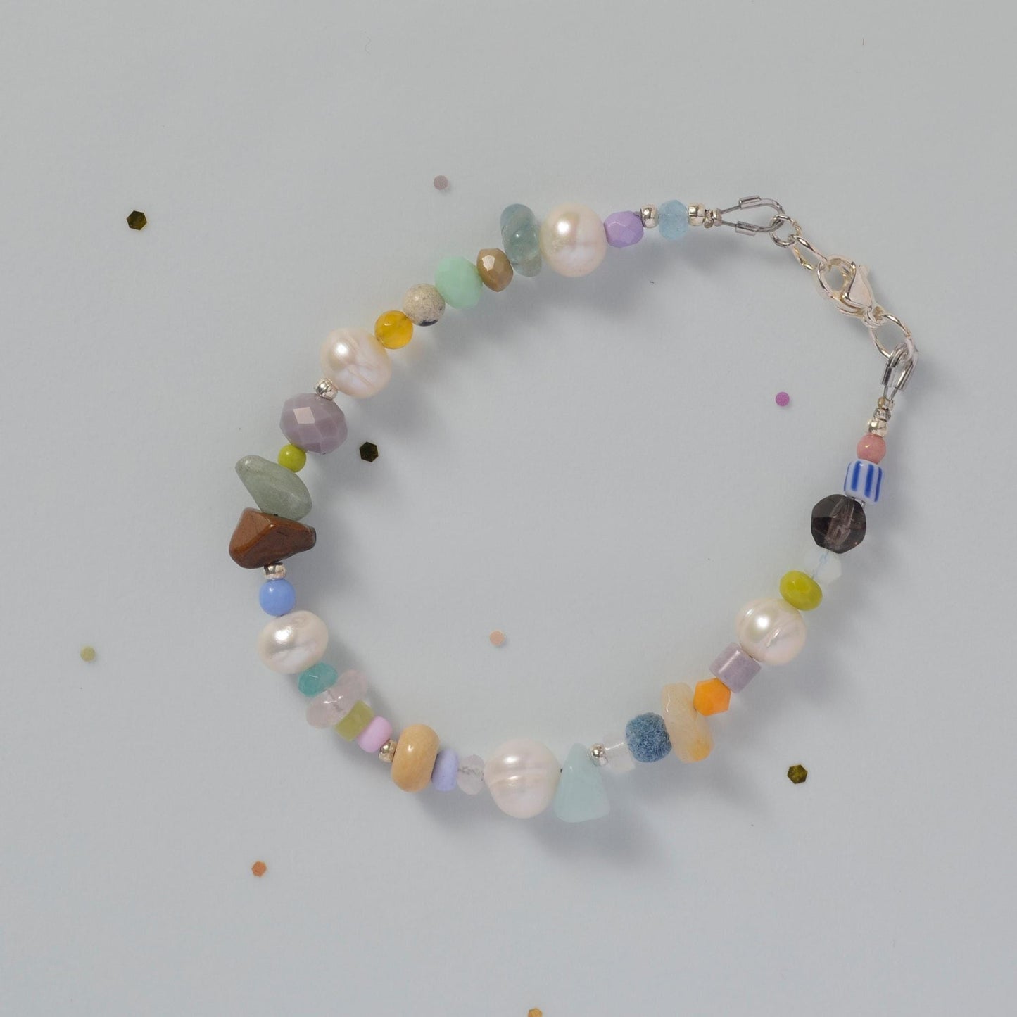 Pearl beaded Bracelet, unique jewelry Bracelet with Natural Gemstones and beads, friendship Bracelet gift Idea, Silver plated