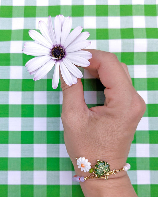 Handmade Czech Glass Bead Bracelet with Carved Shell Flower Charm