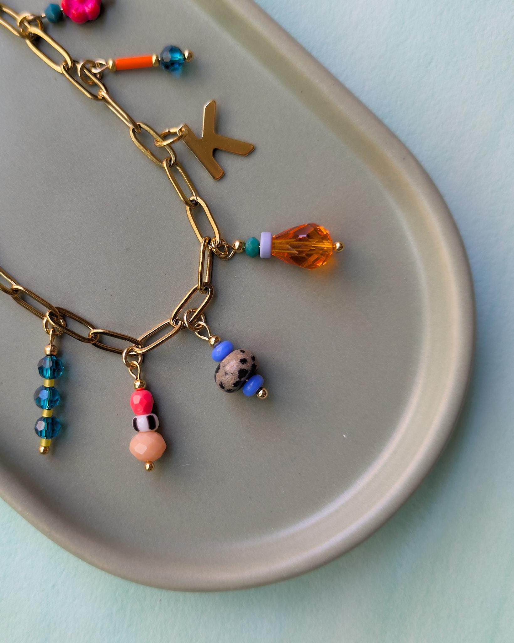 Personalized Charm Bracelet: Czech Glass Beads, Gold Plated Stainless Steel