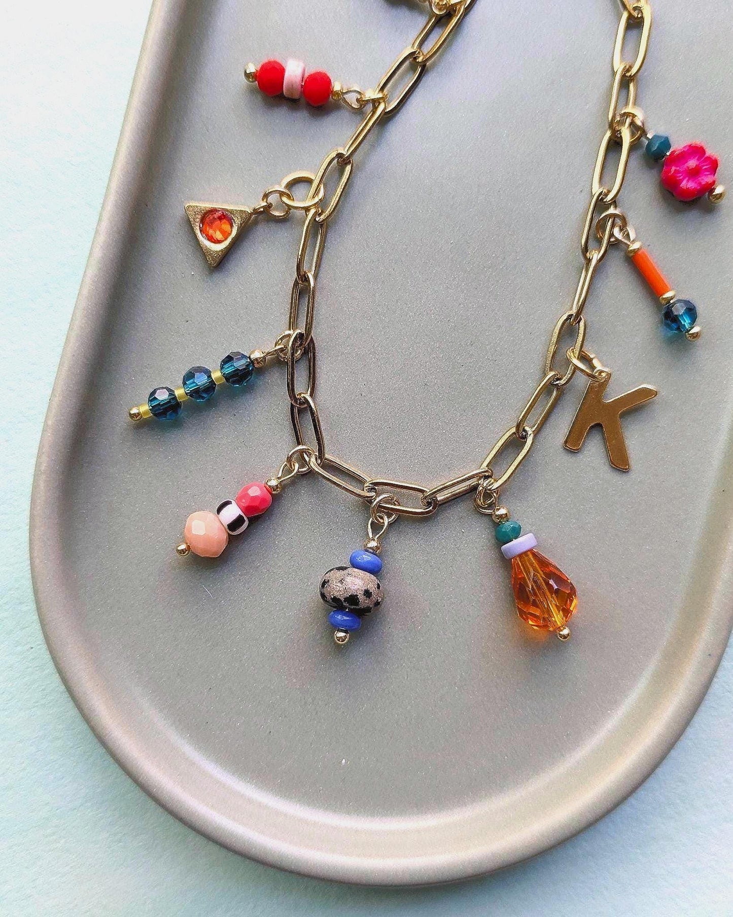 Personalized Charm Bracelet: Czech Glass Beads, Gold Plated Stainless Steel