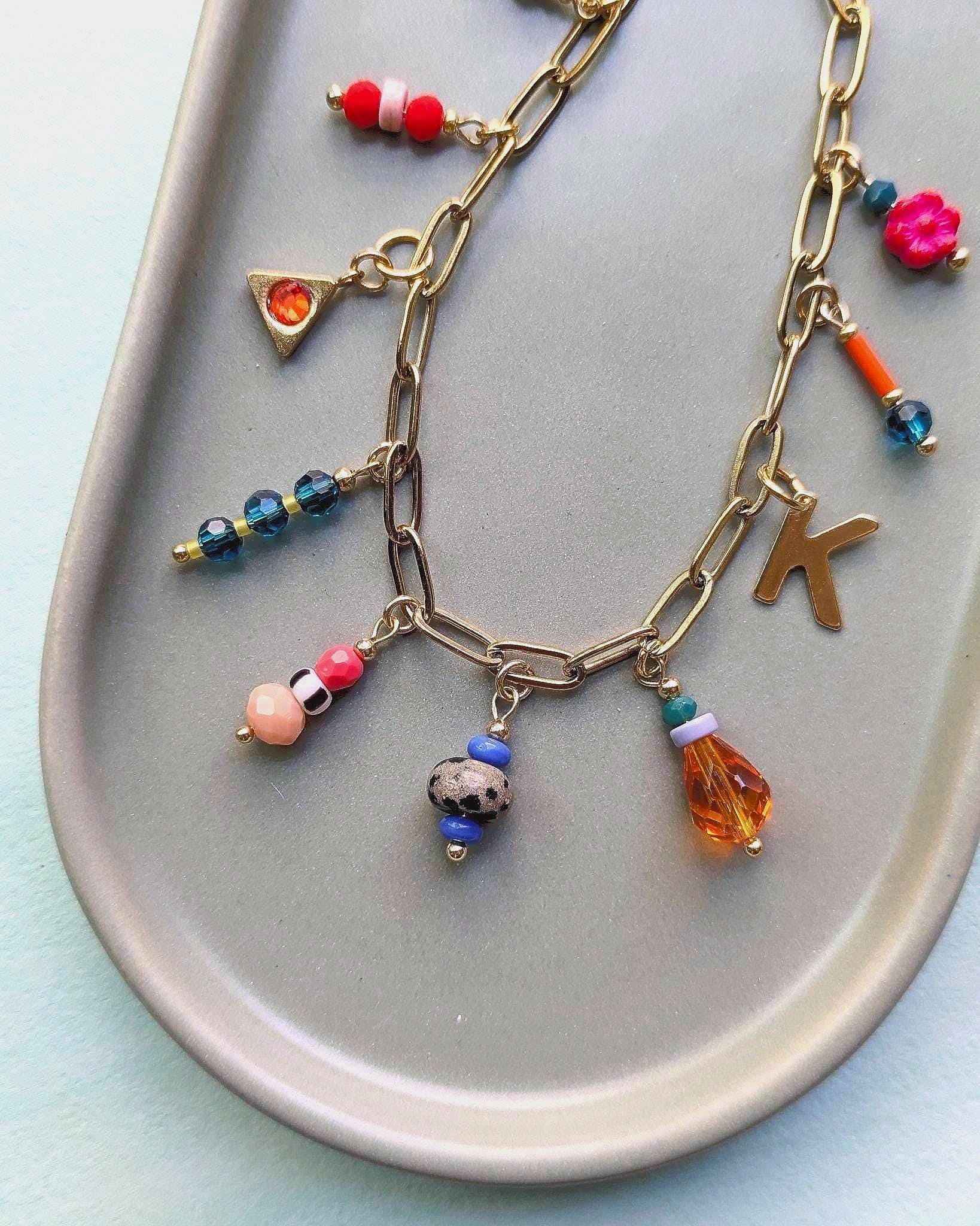 Personalized Charm Bracelet: Czech Glass Beads, Gold Plated Stainless Steel