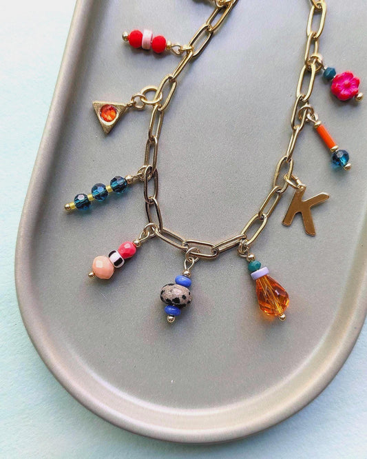 Personalized Charm Bracelet: Czech Glass Beads, Gold Plated Stainless Steel