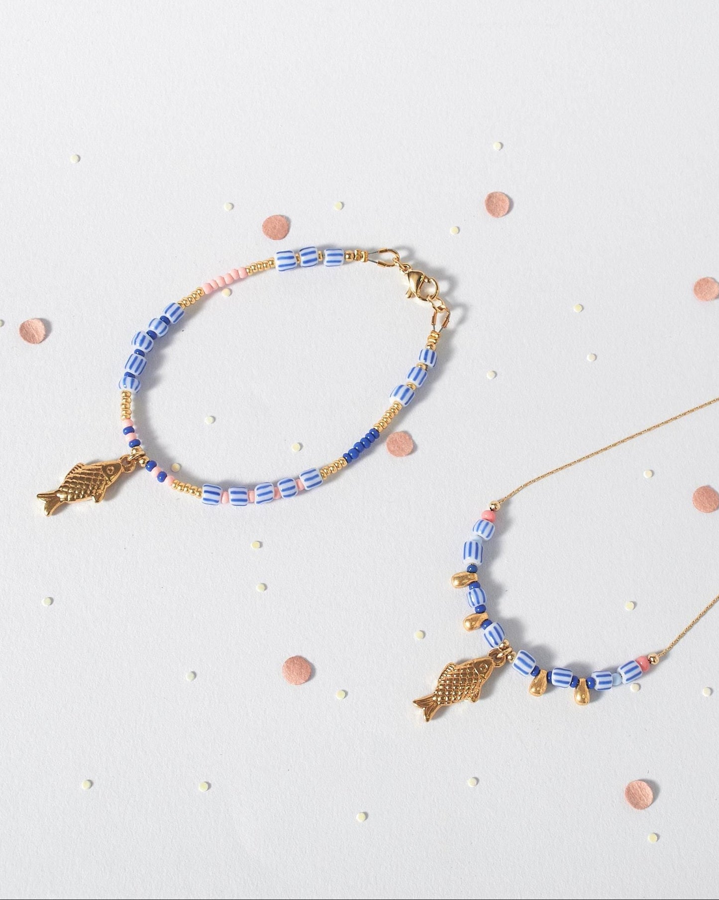 Tiny Fish Charm Bracelet, Dainty White and Blue Beaded Jewelry