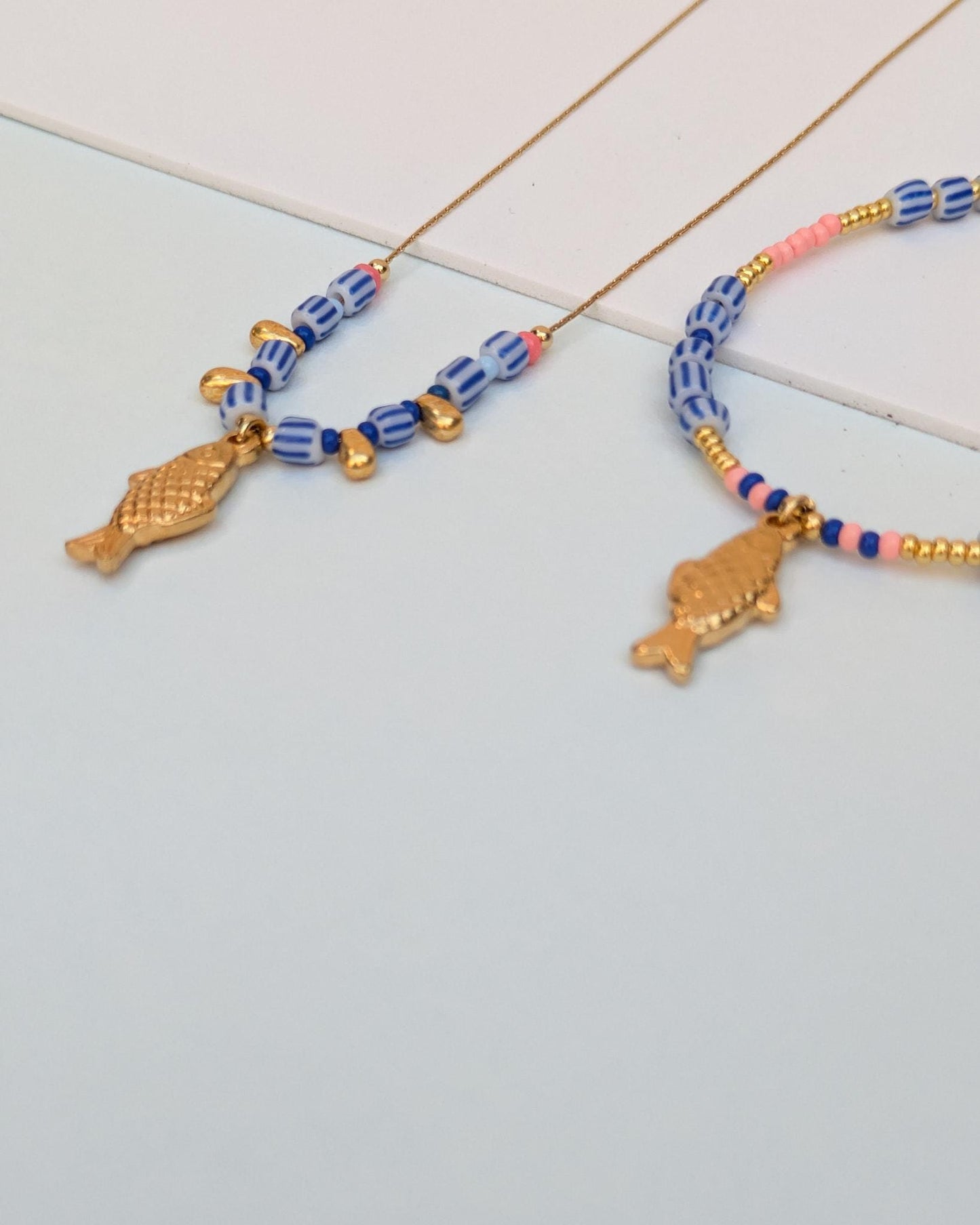 Tiny Fish Charm Bracelet, Dainty White and Blue Beaded Jewelry