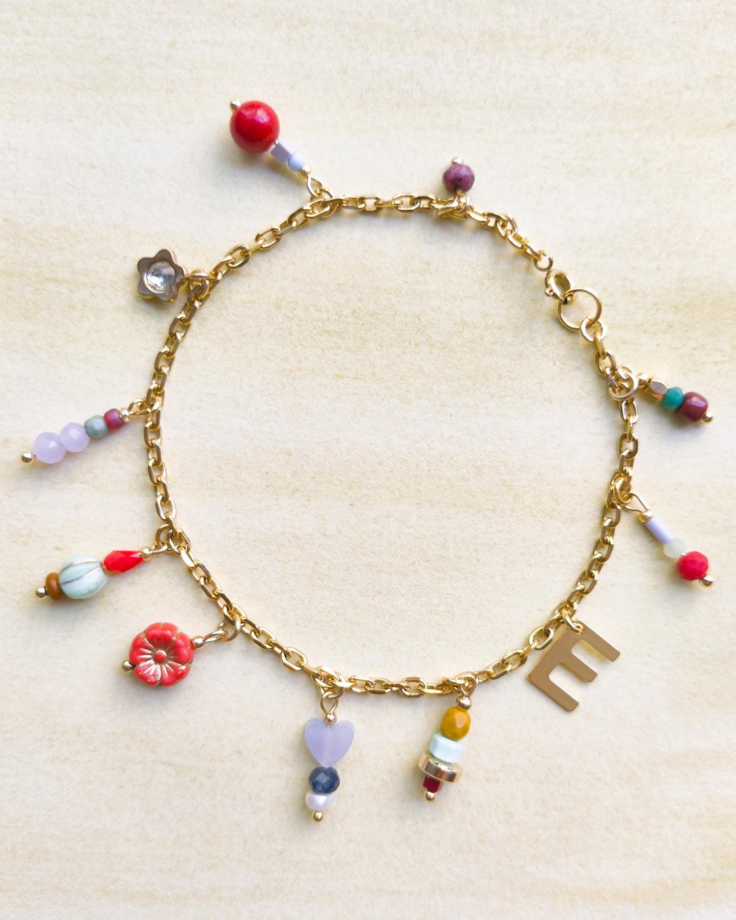 Personalized Charm Bracelet: Czech Glass Beads, Gold Plated Stainless Steel