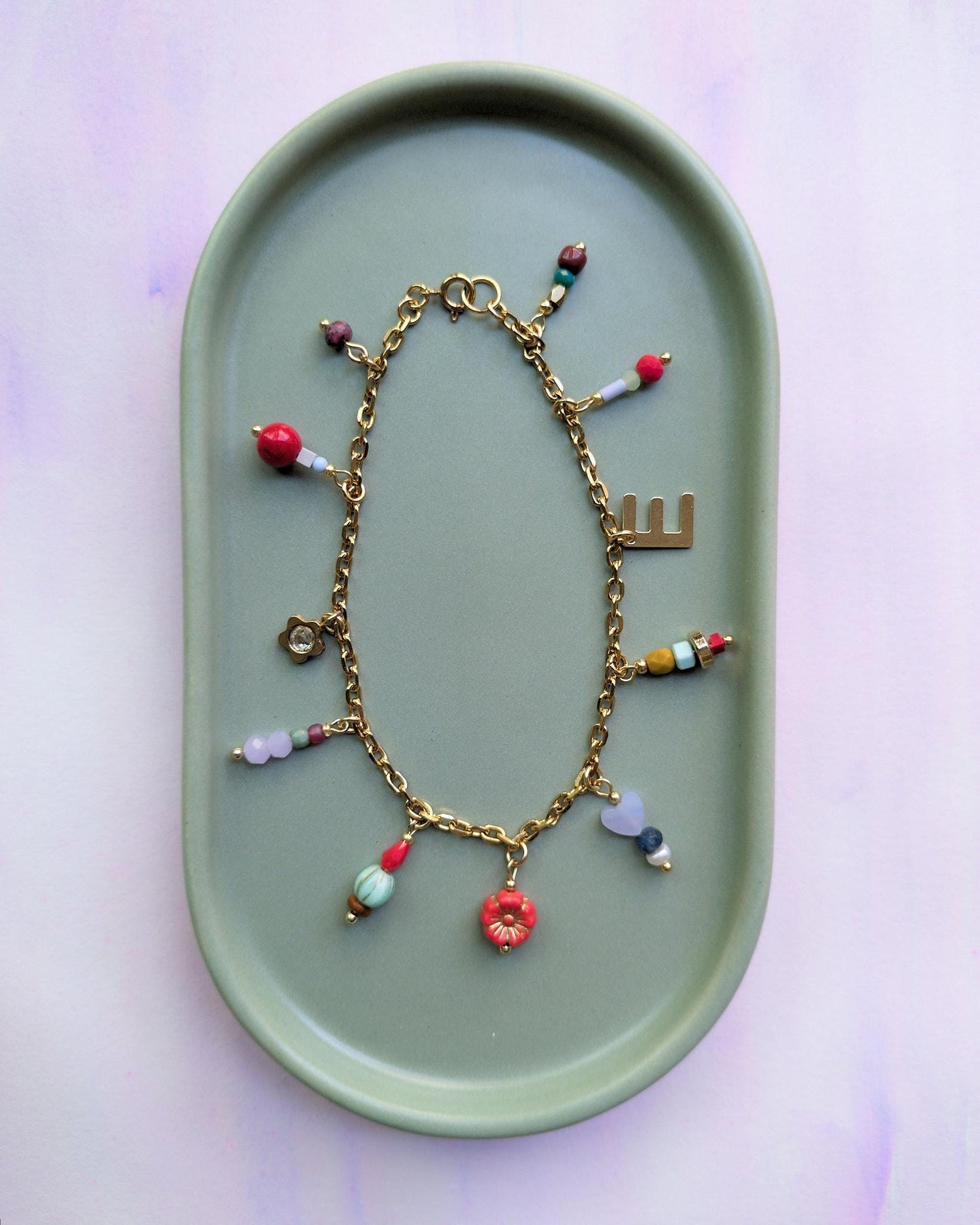 Personalized Charm Bracelet: Czech Glass Beads, Gold Plated Stainless Steel