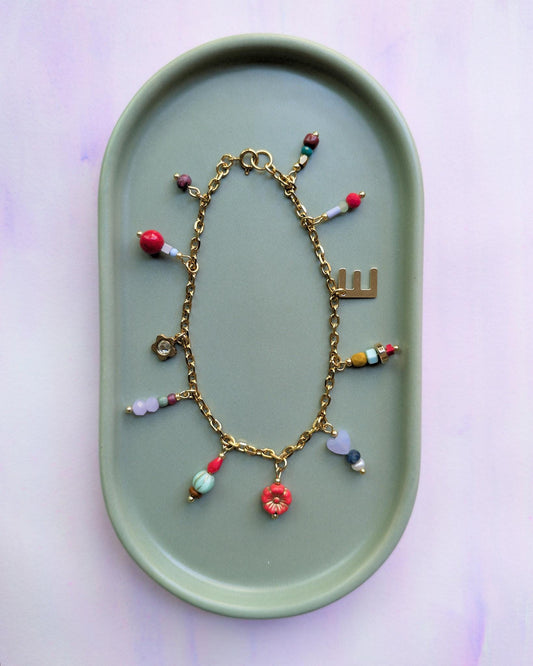 Personalized Charm Bracelet: Czech Glass Beads, Gold Plated Stainless Steel