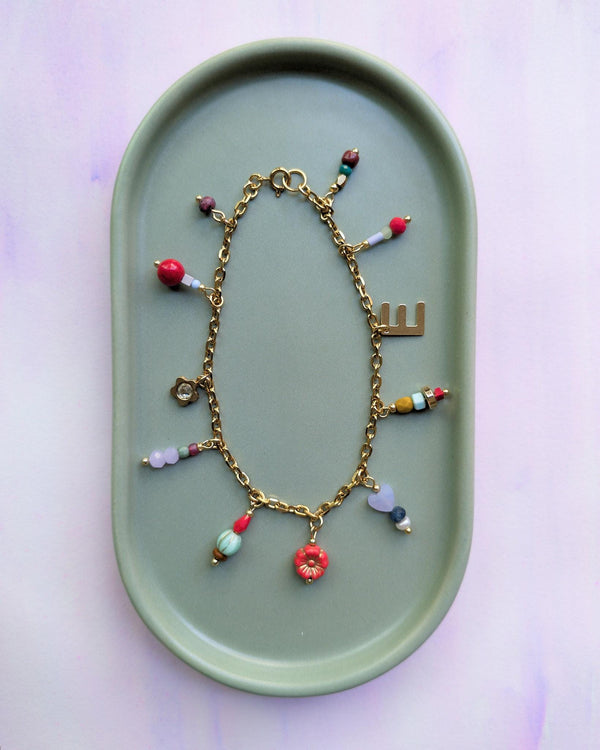 Personalized Charm Bracelet: Czech Glass Beads, Gold Plated Stainless Steel