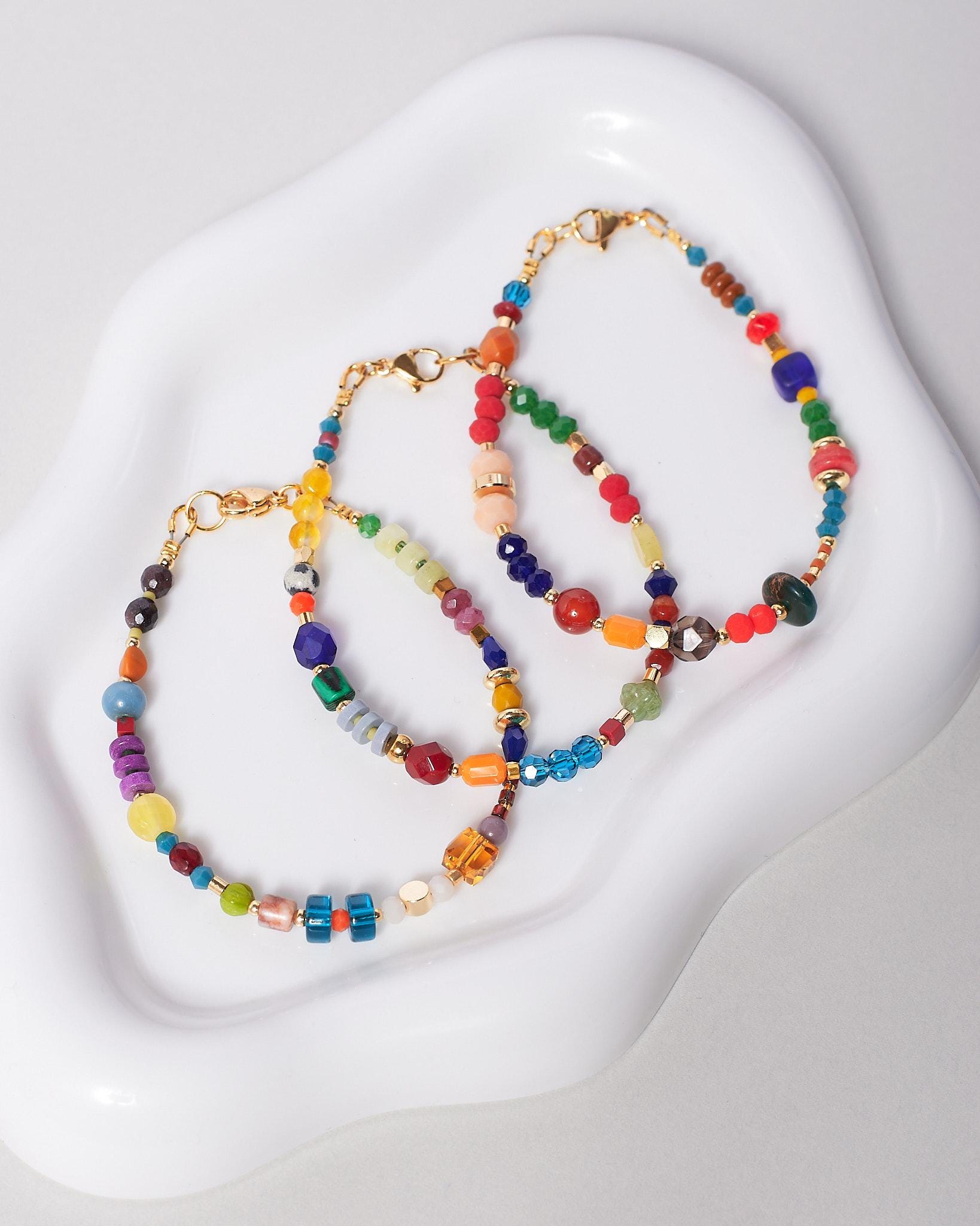 Colorful Gemstone Beaded Bracelet, Gold Plated Natural Stone Jewelry