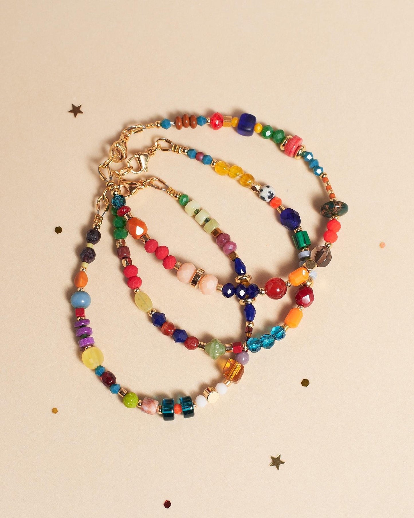 Colorful Gemstone Beaded Bracelet, Gold Plated Natural Stone Jewelry