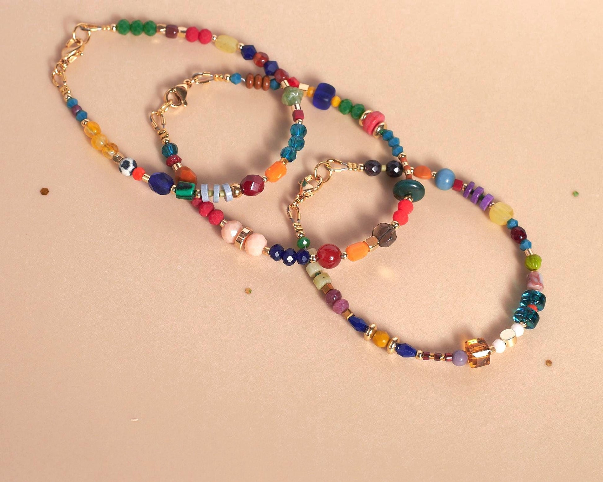 Colorful Gemstone Beaded Bracelet, Gold Plated Natural Stone Jewelry, Dainty Stacking Friendship Gift for Her