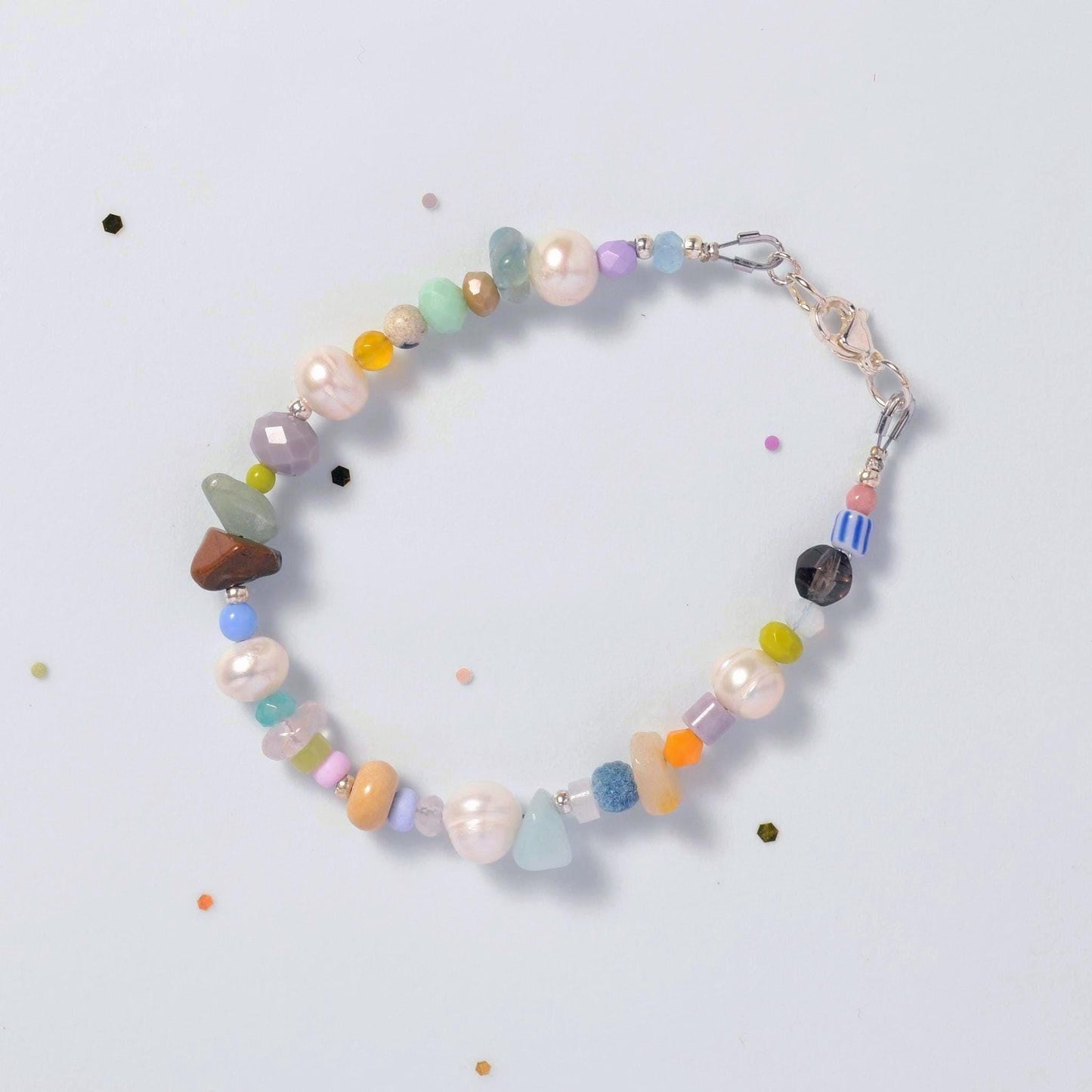 Pearl beaded Bracelet, unique jewelry Bracelet with Natural Gemstones and beads, friendship Bracelet gift Idea, Silver plated