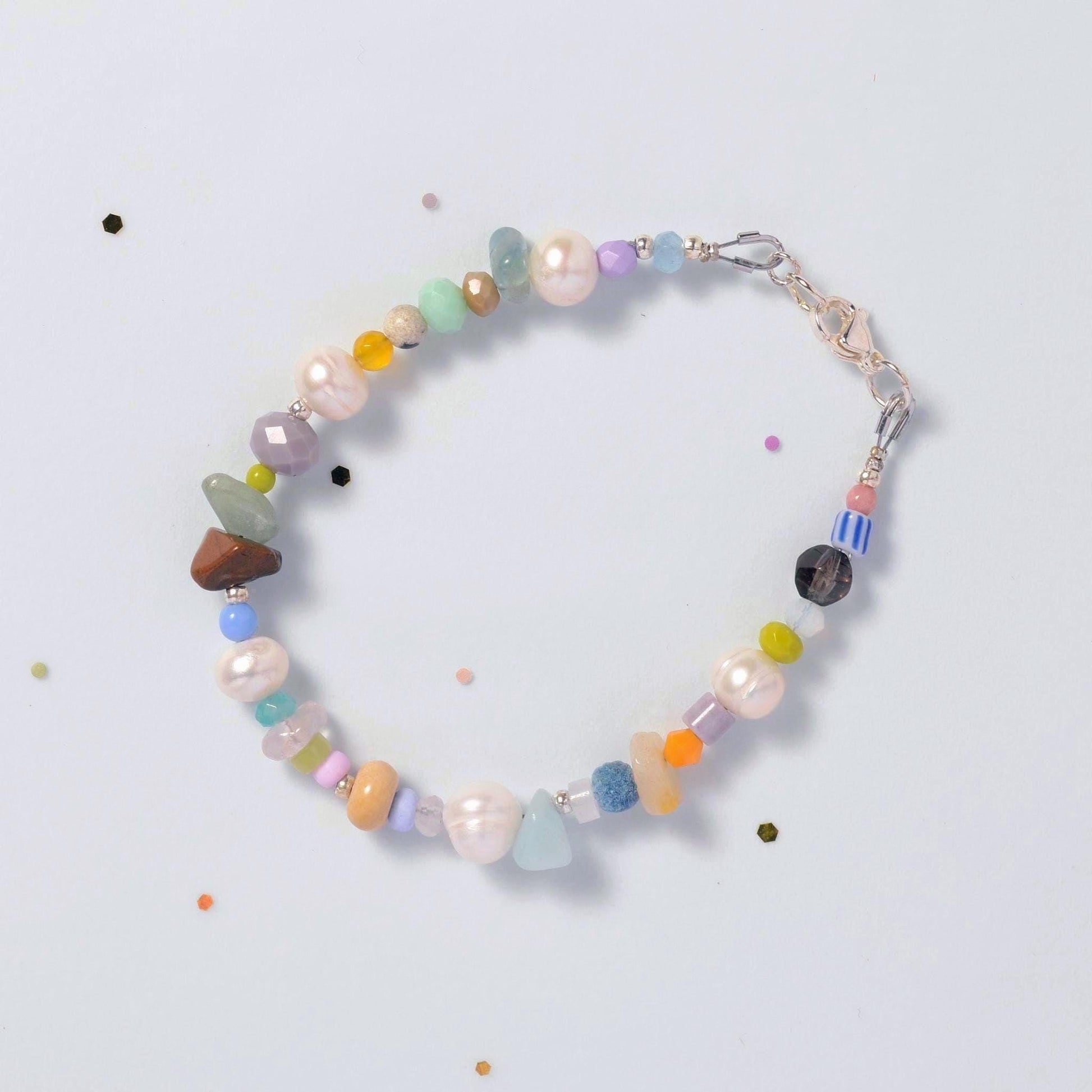 Pearl beaded Bracelet, unique jewelry Bracelet with Natural Gemstones and beads, friendship Bracelet gift Idea, Silver plated