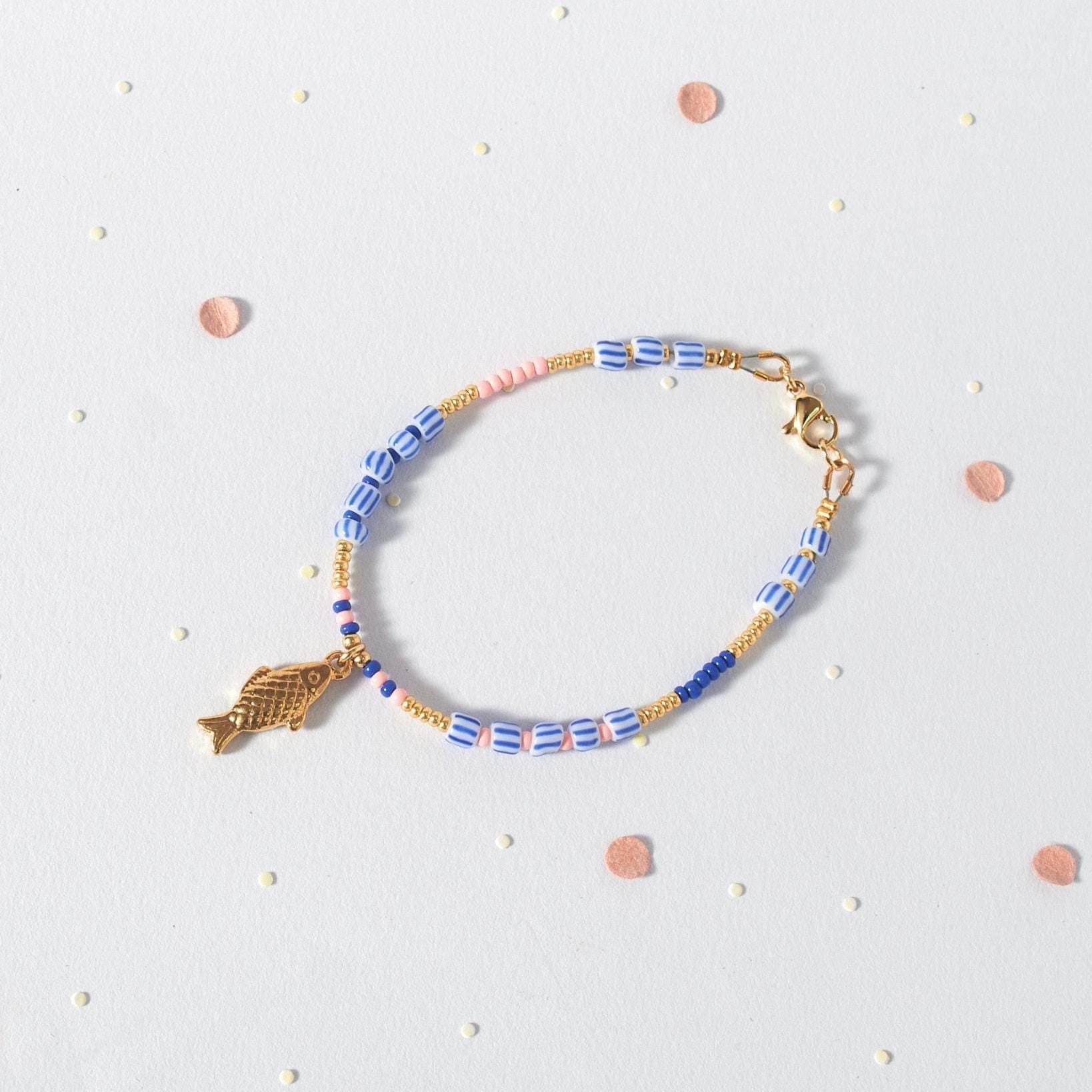 Tiny Fish Charm Bracelet, Dainty White and Blue Beaded Jewelry