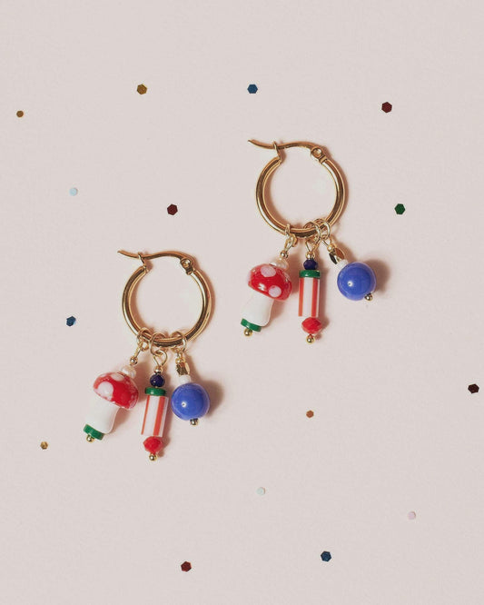 Handmade Mushroom Hoop Earrings – 18k Gold Plated, Czech Glass Beads, Boho Style - JUNEJewelsStudio