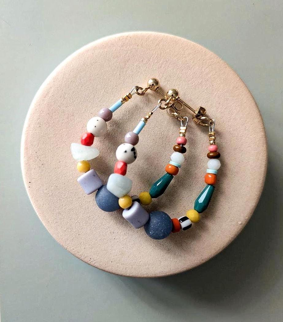 Flexible Beaded Hoop Earrings with Dyed Agate & Quartz - Colorful Crystal Jewelry - Boho Czech Glass Bead Hoops - Vibrant Gemstone Hoops