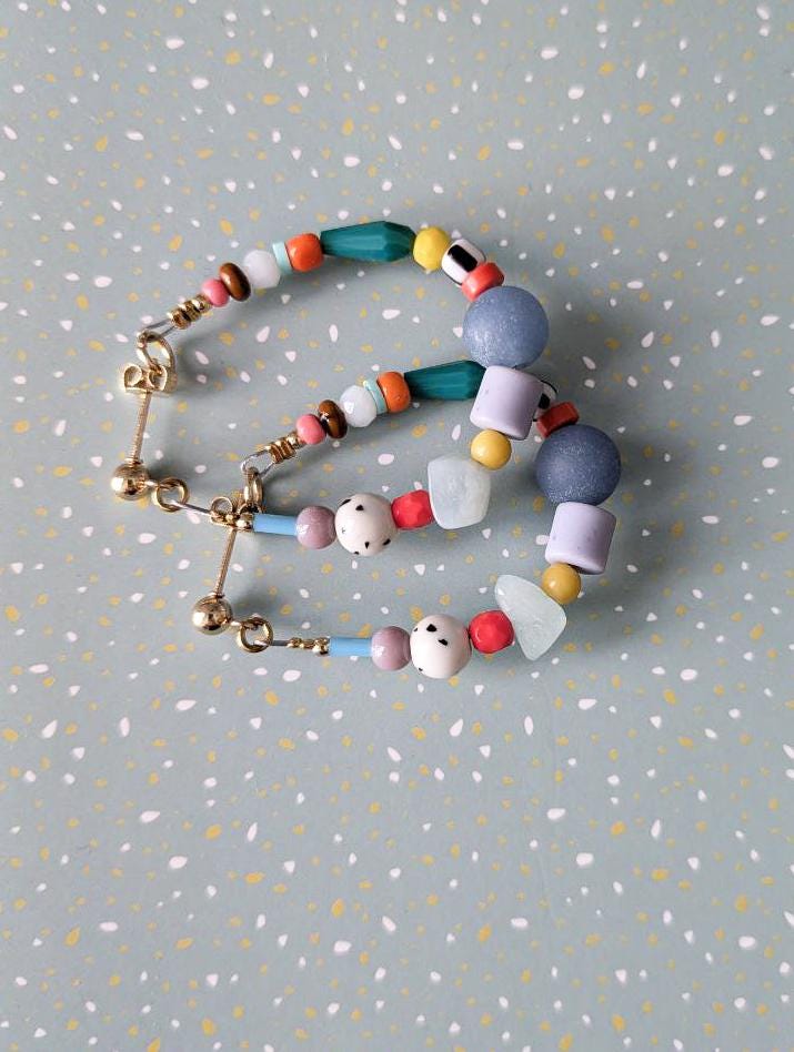 Flexible Beaded Hoop Earrings with Dyed Agate & Quartz - Colorful Crystal Jewelry - Boho Czech Glass Bead Hoops - Vibrant Gemstone Hoops