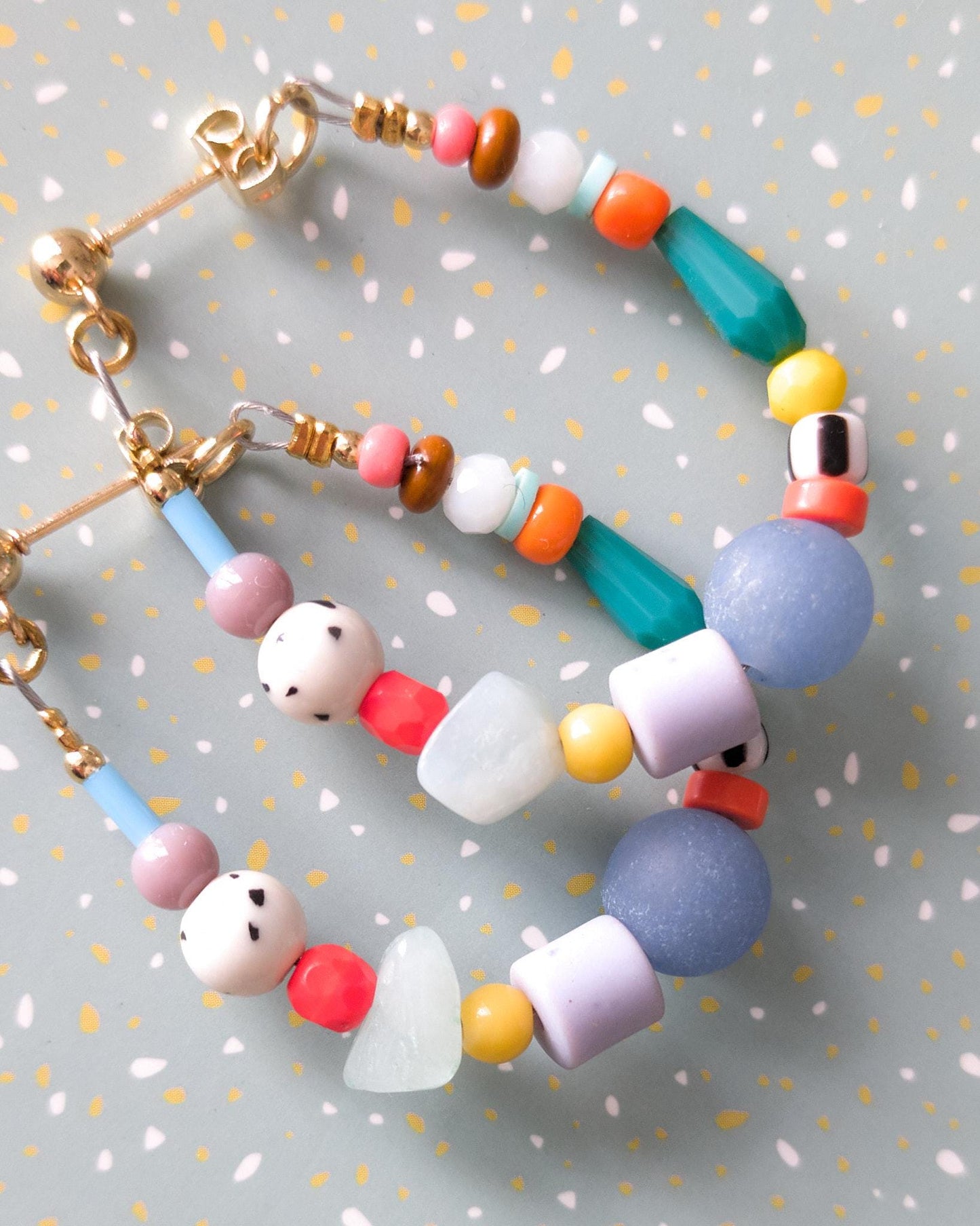 Flexible Beaded Hoop Earrings with Dyed Agate & Quartz - Colorful Crystal Jewelry - Boho Czech Glass Bead Hoops - Vibrant Gemstone Hoops