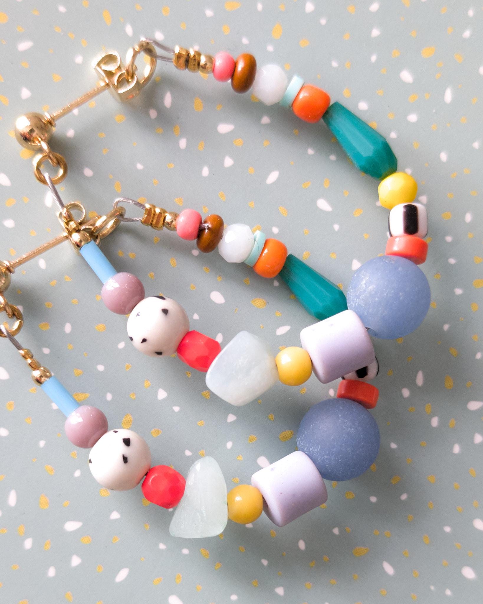 Flexible Beaded Hoop Earrings with Dyed Agate & Quartz - Colorful Crystal Jewelry - Boho Czech Glass Bead Hoops - Vibrant Gemstone Hoops