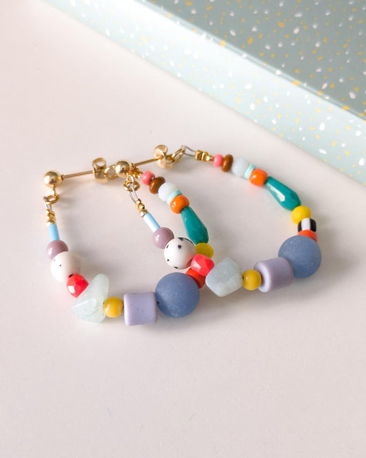 Flexible Beaded Hoop Earrings with Dyed Agate & Quartz - Colorful Crystal Jewelry - Boho Czech Glass Bead Hoops - Vibrant Gemstone Hoops
