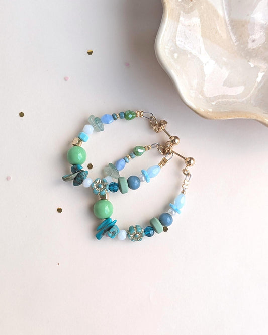 Beaded Hoop Earrings: Natural Stones ,Gold Plated, turquoise, Jadeite & Czech Glass Beads - JUNEJewelsStudio