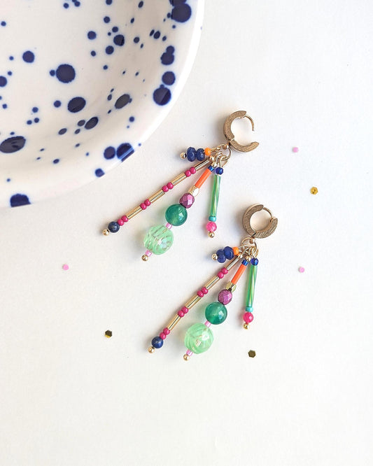 Huggie Hoop Earrings: Lapis Lazuli, Green Jade, Quartz Natural Stones and Colorful Czech Glass Bead Charms - JUNEJewelsStudio