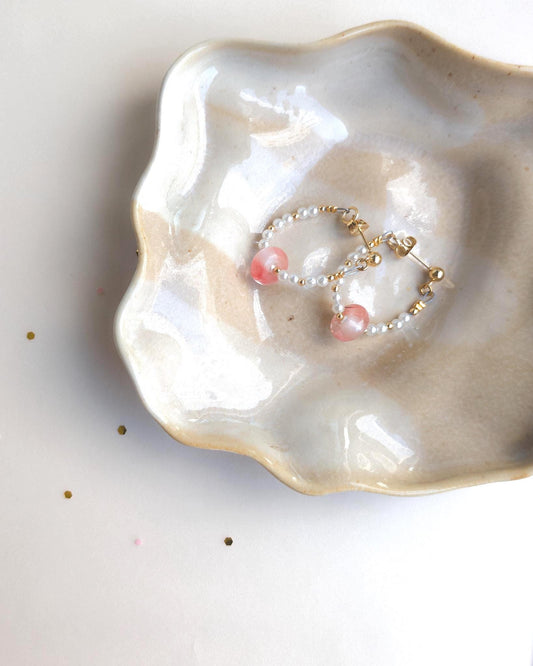 Dainty Beaded Hoop Earrings: Gold Plated, Pearl & Rose Quartz - JUNEJewelsStudio